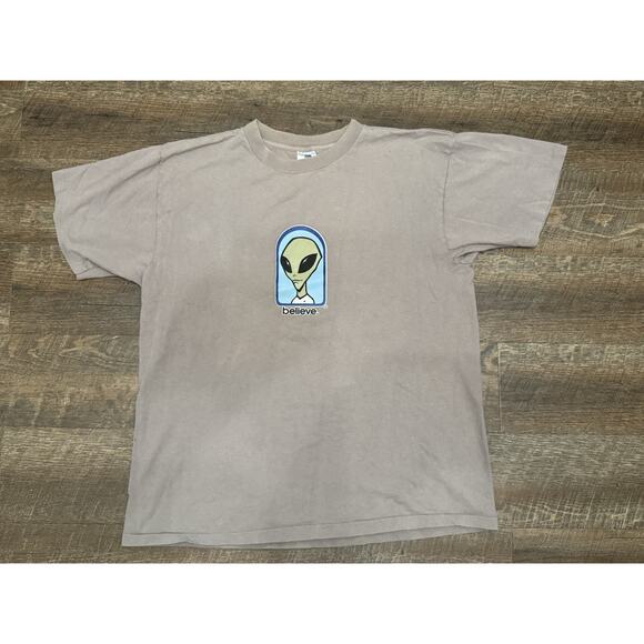 Vintage Alien Workshop Shirt Mens Large 90s Skate Believe Skateboarding Tan Gray - Picture 1 of 5
